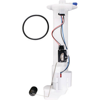 White plastic fuel pump module with attached wiring, sensor float arm, and a black rubber O-ring gasket.
