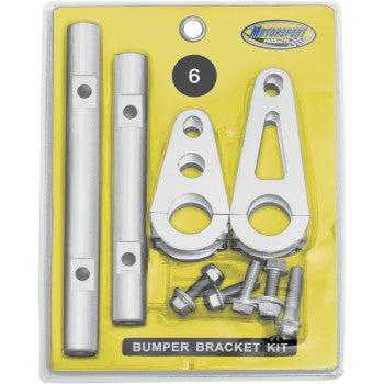 The Yamaha EZ Fit Bumper Bracket Kit by Motorsport Products comes in a yellow package with two billet aluminum rods, two holed metal plates, bolts, screws, and features a black circle label displaying the number 6.