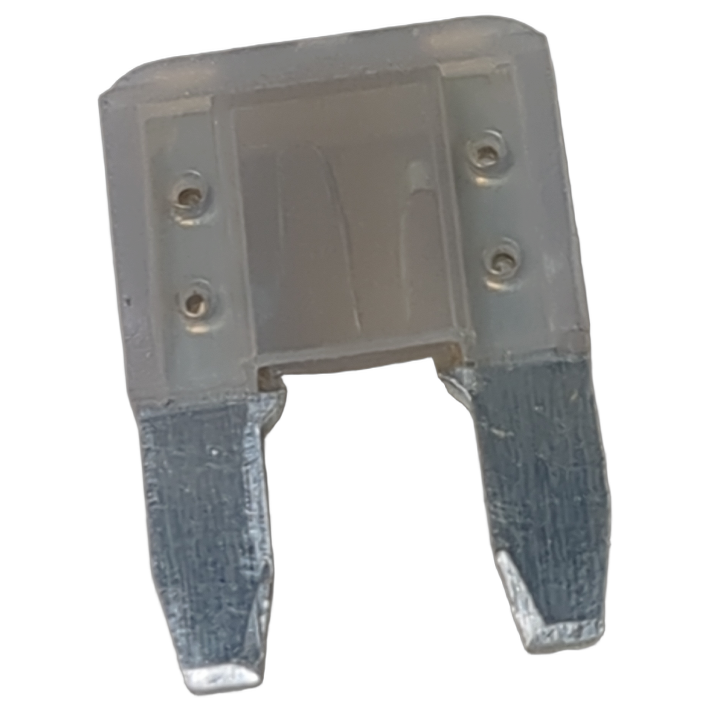 Transparent plastic automotive fuse with two silver metal prongs and four raised circular contacts.