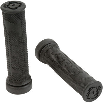 Two ATV Hotlap Grips Soft Black by Torc1, made of Kraton soft rubber with a diamond pattern texture and raised logos, are shown from different angles on a plain white background.