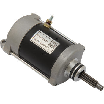 Black and silver cylindrical Polaris starter motor with metal mounting brackets and a splined shaft on one end.
