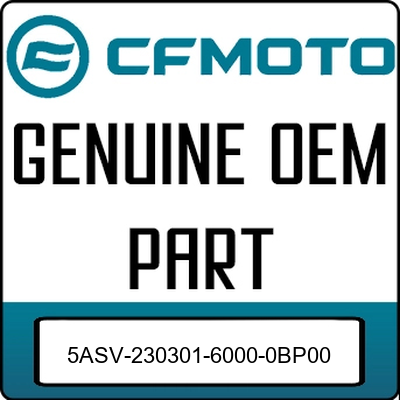 Rectangular white label with CFMOTO logo in teal and black text stating "Genuine OEM Part" and part number at bottom.