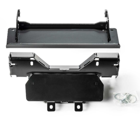 The CF Moto Z-Force 950 Front Snow Plow Mounting Kit By Warn includes two corrosion-resistant black metal brackets, shown from above and front, alongside a small bag of screws and hardware—ideal for your ProVantage II plow system.