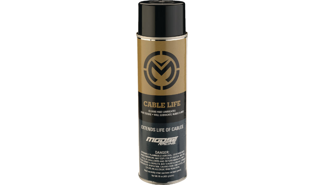 15 oz. black and tan aerosol spray can of Moose Cable Life Lubricant with logo and text detailing usage and features.