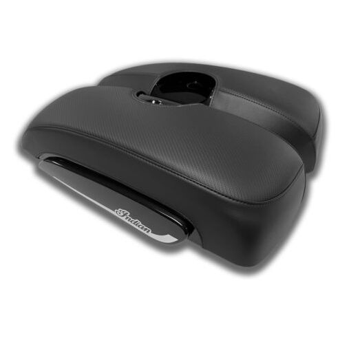 Black carbon fiber flat top motorcycle saddlebag lid cover with textured finish and smooth edges.