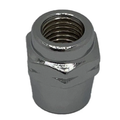 The Mirror Post Nut Chrome [IntL] by Polaris features a shiny, metallic finish, internal threading, and a hexagonal base for wrench grip—perfect for Victory motorcycle parts replacement. Shown against a plain white background.