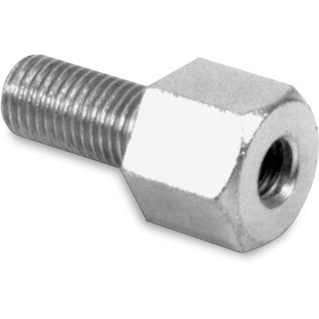 The Universal Mirror Adapter (Chrome) by Emgo features a hexagonal metal body with a male thread on one end and a female thread on the other, perfect for mounting, spacing, or use as a threaded mirror adapter in left-hand threaded applications.