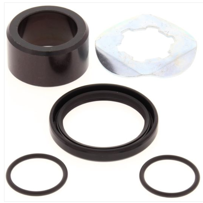 Black rubber seal rings and a black cylindrical spacer with a silver metal washer for Yamaha ATV maintenance kit.