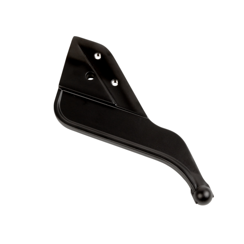 Black metal motorcycle passenger drink holder mount with three mounting holes and rounded end.