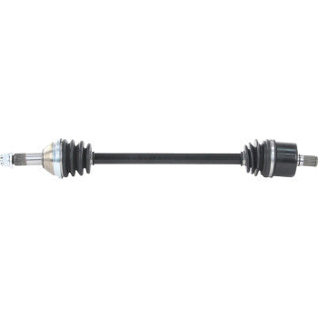 Black metal CV axle shaft with silver metal joints and accordion-style rubber boots on both ends.