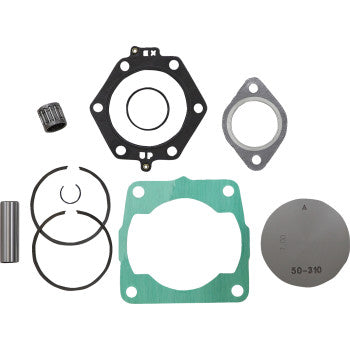 The Polaris Top End Rebuild Kit 75.50 mm Platinum Series by Wsm includes head and base gaskets, piston rings, a racing needle bearing, a pin, and a metallic disc, all arranged neatly on a white background.