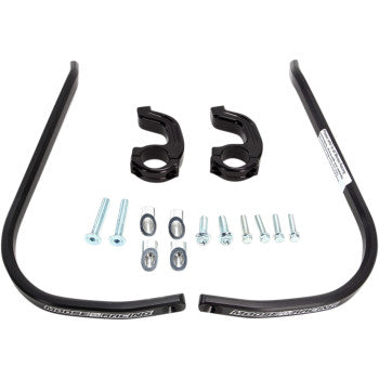 The Contour Hand Guards Twinwall Black by Moose Offroad mounting kit for dirt bikes includes two black curved 6061-T6 aluminum bars, two handlebar clamps, screws, bolts, and washers—all shown on a white background.