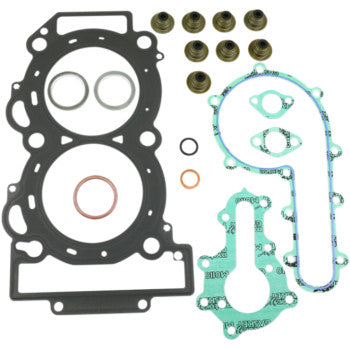 Set of black, green, and copper engine gaskets with multiple O-rings and valve seals for offroad vehicle maintenance.