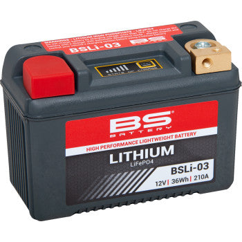 Compact black lithium battery with red and gold terminals, labeled BSLi-03, 12V 36Wh, high-performance design.