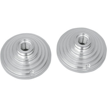 Two round, silver Cool Domes 22 cc Pump Gas Versions for Yamaha Banshee/YFZ 350 by Pro Design with concentric ridges and threaded centers, side by side on white—perfect for bolt-on performance upgrades and increased torque.