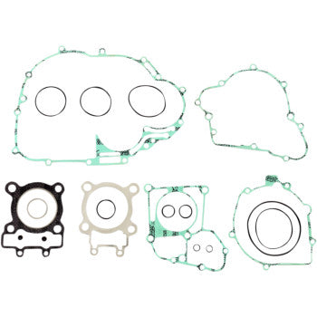 The Kawasaki Complete Gasket Kit by Athena includes six assorted green, black, and white gaskets in various shapes and sizes with circular and oval cutouts—perfect for engine rebuilds. Displayed on a white background.