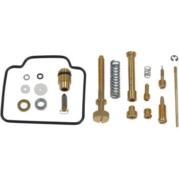 The Polaris Carburetor Repair Kit by Shindy includes float valves, main jets, gaskets, washers, screws, springs, and brass fittings—all arranged neatly on a white background.