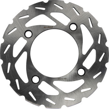 The Polaris Brake Rotor by All Balls is a stainless steel, circular disc with multiple cut-out patterns for cooling and four large center mounting holes, designed for bicycles or motorcycles.