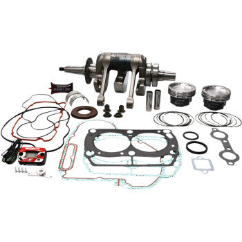 The Polaris Engine Rebuild Kit 80.00 mm by Wiseco is shown on a white background, including a crankshaft and rod assembly, forged piston kit, gaskets, seals, O-rings, and other engine components arranged neatly.