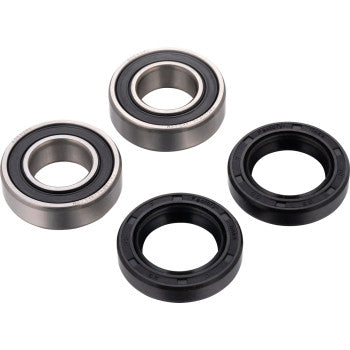 The Honda TRX Wheel Bearing Kit Front Left & Right by Factory Links includes two silver metal off-road ball bearings and two black rubber oil seals, shown on a white background. Perfect for use with premium marine grease.
