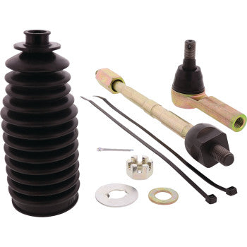 The Tie Rod Assembly Kit by Moose Offroad includes a black rubber boot, tie-rod end kit, metal rod, inner/outer rod ends, zip ties, washer, castle nut, and cotter pin—all shown on a white background.