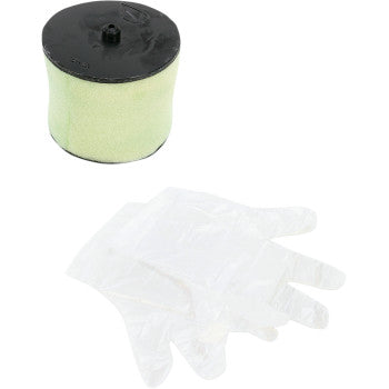A Honda Pre Oiled Air Filter by No Toil, in a black and green cylindrical canister, is displayed above a pair of transparent disposable gloves on a white background.