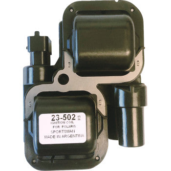 Black Polaris Ignition Coil by Moose Offroad, featuring electrical components and connectors, set against a white background—engineered for better idle and maximum spark energy.