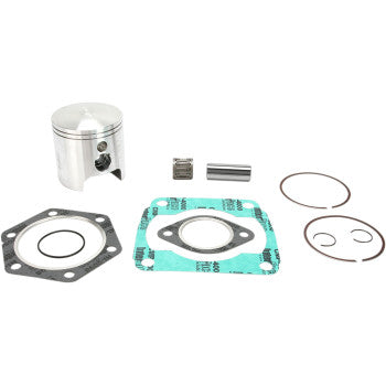 The Polaris Piston Kit with Gaskets 73.00 mm by Wiseco, including a metal piston, top-end gasket kit, wrist pin, needle bearing, snap rings, and piston rings, is displayed on a white background.