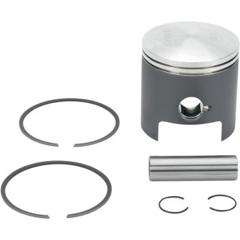 The Polaris Piston Kit 72.50 mm by Wsm includes a metallic piston with MoS2-coated skirts, two piston rings, a wrist pin, and two circlips—all arranged neatly on a white background.