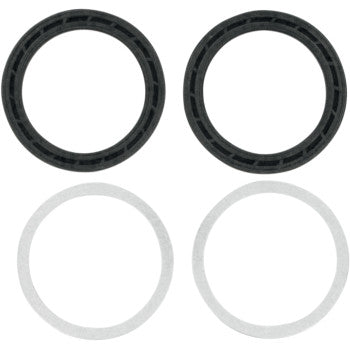 Four circular rings, resembling Fork Seals 41 mm ID x 54 mm OD x 11 mm T Pro Moly by Leakproof Seals, are shown in a square pattern with two black rings on top and two white rings below on a plain background.