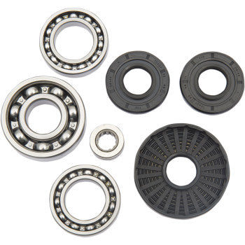 Kawasaki Differential Bearing Seal Kit Front by Moose Offroad includes assorted EMQ quality bearings and rubber seals in various sizes, arranged on a white background—perfect for differential service needs.