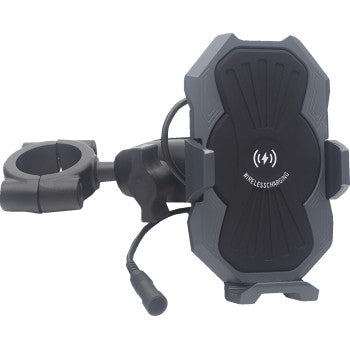The Metal Phone Holder Inductive Charging 1-1/2" Bar Mount by Ridepower offers Qi wireless charging, an adjustable clamp for handlebars, a waterproof IP67 design, and includes a charging cable attached to the holder.