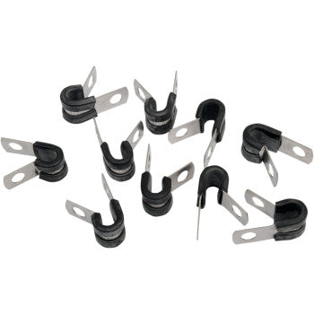 Nine Adel Clamp Stainless Steel 3/16 ID by Gardner-Westcott, often used to secure cables or hoses, are arranged on a white background. Each U-shaped clamp has mounting holes at both ends for easy installation.
