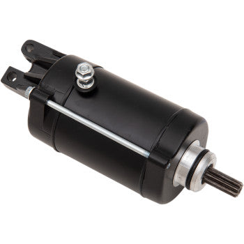 A black cylindrical Honda Starter by Ricks Motorsport Electric features a metal mounting bracket and a gear shaft, shown against a white background—perfect as an OEM replacement for various applications.