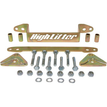 A Lift Kit Front Back 2.00 by High Lifter, featuring metal brackets with HighLifter labels, triangular plates, bolts, nuts, washers, and spacers, is neatly displayed on a white background for extra clearance or big wheel kits.