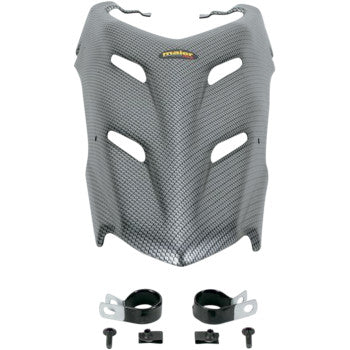 The Yamaha Vented Hood for Yamaha Blaster by Maier, shown in carbon fiber pattern with four vents, is crafted from high-density polyethylene and displayed above two mounting brackets and screws on a white background.