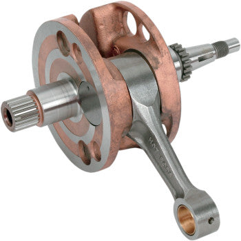 A close-up of the Honda Crankshaft Assembly OEM Stroke by Hot Rods shows its metallic silver and copper finish, detailed machining, connecting rod, and crankshaft webs—all engineered to OEM specifications.