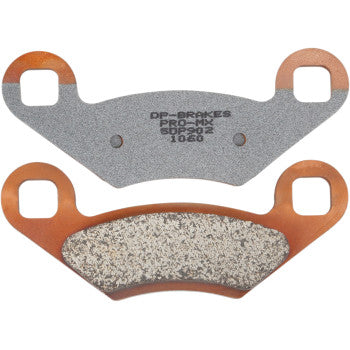 Pair of copper-colored sintered brake pads with textured friction surface and stamped branding on flat metal backing.