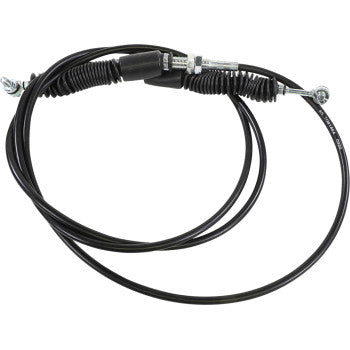 Black flexible Polaris UTV shifter cable with metal connectors and protective rubber boots.