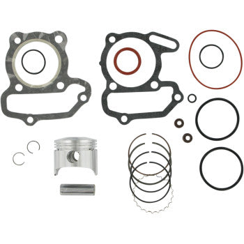 Silver metal piston with wrist pin and clips, two gray gaskets, and multiple black and red rubber O-rings and piston rings.