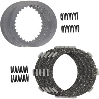Gray metal clutch plates with friction material and four black coil springs arranged separately.