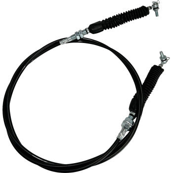 Black flexible Can Am UTV shifter cable with metal fittings and protective accordion-style rubber boots on both ends.