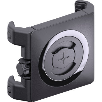 A close-up of the Clamp Phone SPC+ Universal Max by Sp Connect, a small black square device with a circular recessed center and hinge-like arms, designed as a secure universal smartphone holder.