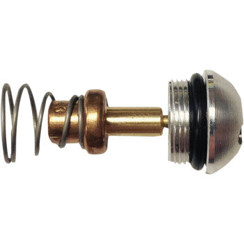 A close-up of the metal valve assembly from the Thermostat Service Kit by Jagg Oil Coolers, showing a spring, brass shaft, rubber seals, and a threaded silver cap against a white background.
