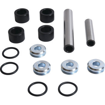 The Suspension Kit Rear Independent Knuckle Only by Moose Offroad includes assorted metal and plastic cylindrical parts—four black rings, two metal rods, four washers, and four black O-rings—arranged neatly on a white background.