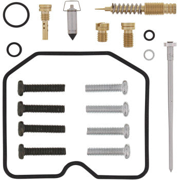 The Kawasaki Carburetor Repair Kit by Moose Offroad includes neatly arranged components such as screws, NBR rubber O-rings, gaskets, a needle valve, jets, a float valve, and other small metal parts.