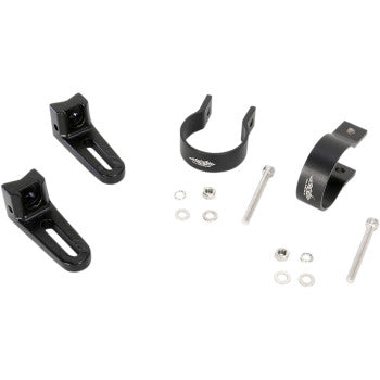 The Brite-Lites 2" Bar Mounts set—featuring black metal brackets, round bar clamps, bolts, washers, and nuts—is arranged on a white background for effortless LED Light Bar mounting with no drilling required.