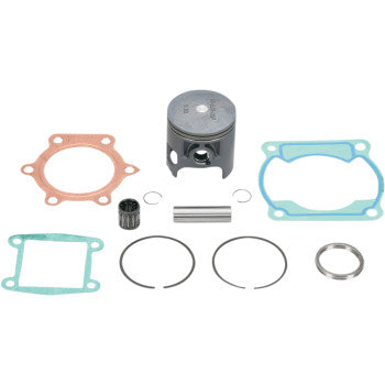 The Yamaha Top End Rebuild Kit 67.00 mm Platinum Series by WSM includes a piston, head gaskets, piston rings, racing needle bearing, wrist pin, and circlips—all arranged neatly on a white background.