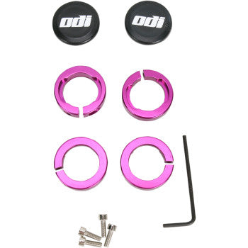A Lock Jaw Clamps Purple by Odi set includes four purple clamps, two black ODI Snap Cap end plugs, an Allen wrench, and six small silver screws—all displayed on a white background.