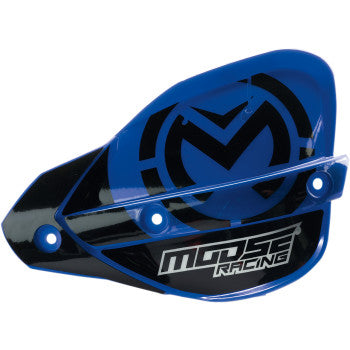 The Probend Hand Guards Blue by Moose Offroad are blue and black plastic handguards with a stylized M graphic, two mounting holes, a glossy finish, and durable construction for tough rides.